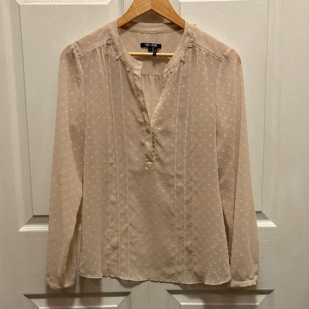 NIC+ZOE Womens Blush Pink Heart Clip Dot Pintuck Split Neck Blouse Small